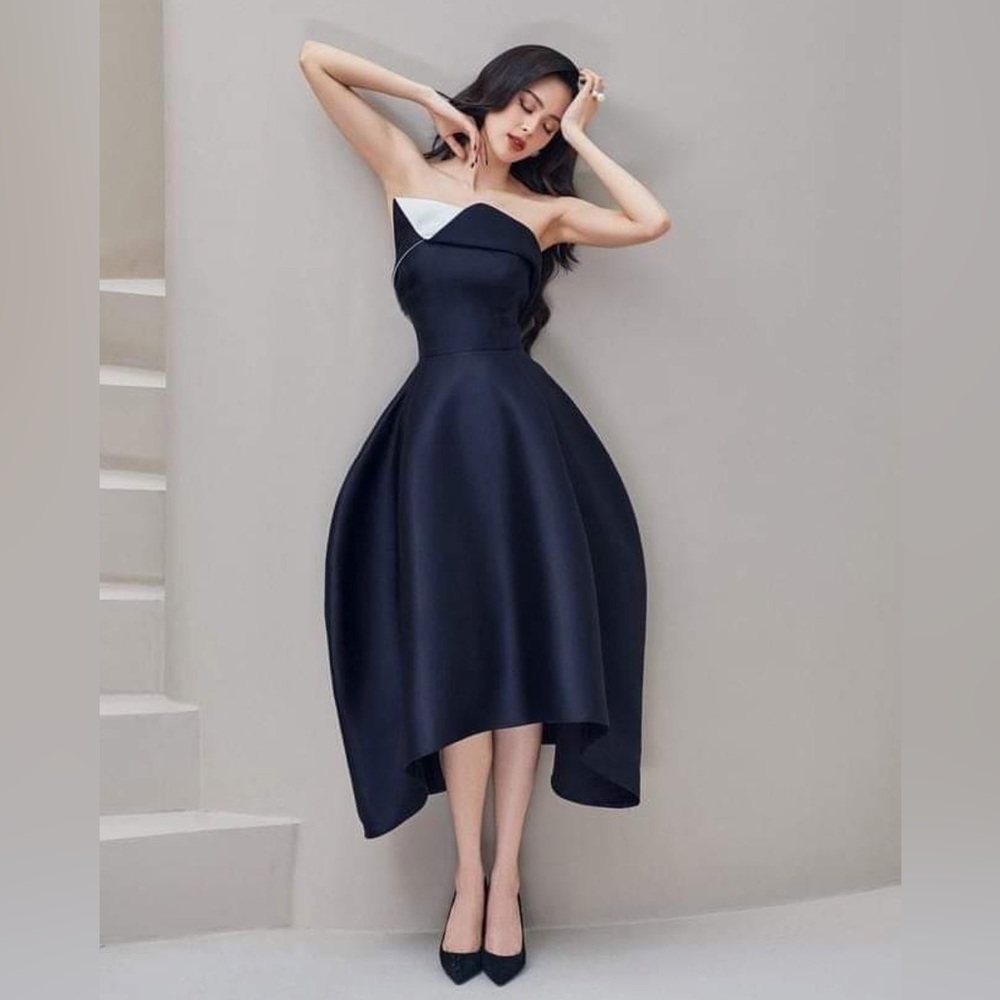 Blue Navy structure cocoon strapless cocktail lbd midi dress (D45)